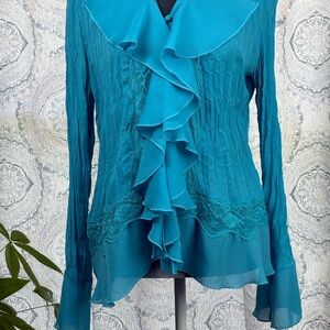 Blue Ruffled Long Sleeve Sailor Collar Blouse